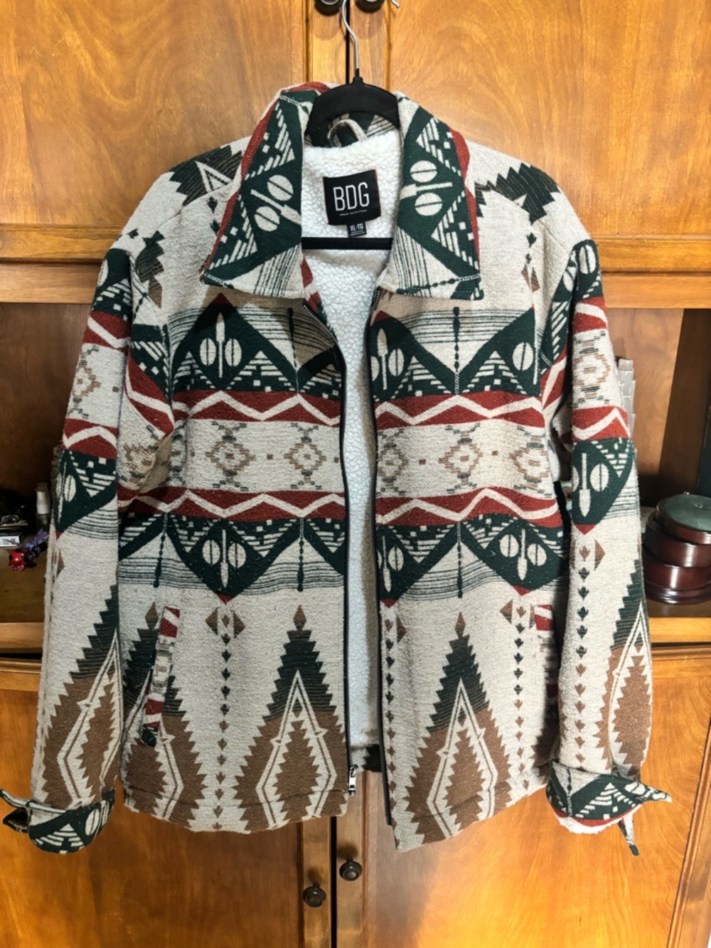 BDG Aztec-Pattern Zip Jacket in Cream, Green & Rust